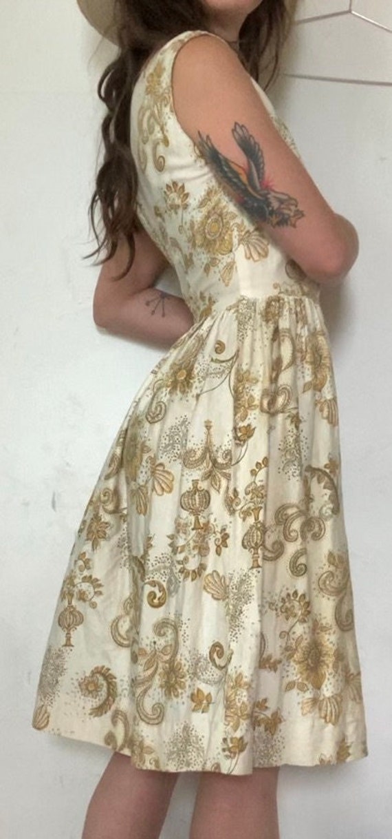 1950s Gold and Ivory Printed Sun Dress - image 2