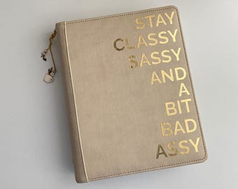 Handmade A5 Vegan Leather Planner: Gold Rings, Motivational Quote