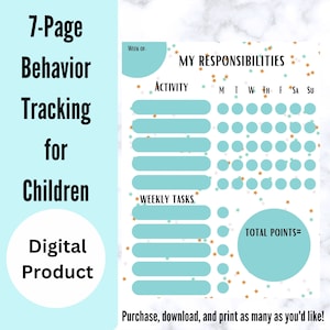 Könnte beinhalten: Ein druckbarer 7-seitiger Verhaltens-Tracking-Chart für Kinder. Der Chart hat einen Bereich für wöchentliche Aufgaben, einen Bereich für tägliche Aktivitäten und einen Bereich für die Gesamtpunktzahl. Der Chart ist mit blauen und orangefarbenen Sternen verziert.