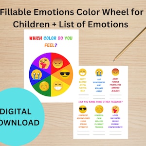 Fillable Emotions Color Wheel Plus List of Emotions for Children, PDF Digital Download