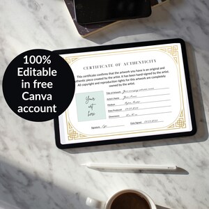 Plantilla de certificado de autenticidad, plantilla Canva, certificado editable, A4, tamaño carta de EE. UU., 8.5x11, plantilla de certificado, certificado de artista