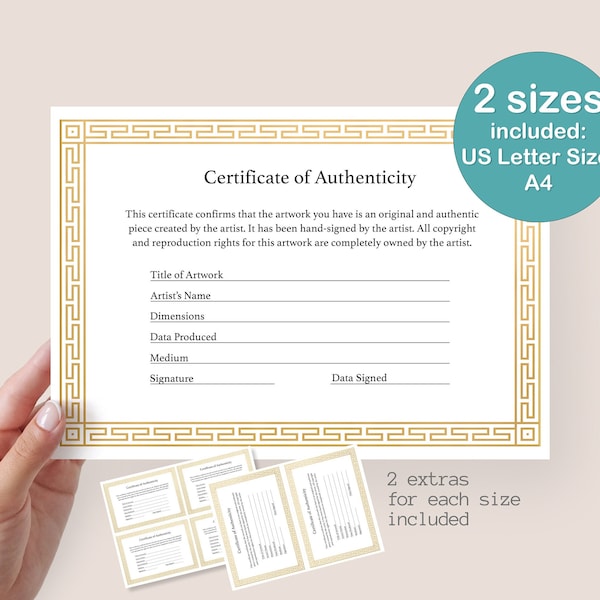 Certificate of authenticity template, Printable Certificate template,certificate pdf, A4, US Letter size, 8.5x11 Artist Certificate, Digital