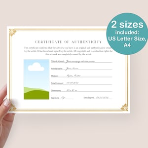 Certificate of authenticity template, Canva template,Editable Certificate, A4, US Letter size,8.5x11,Certificate template,Artist Certificate