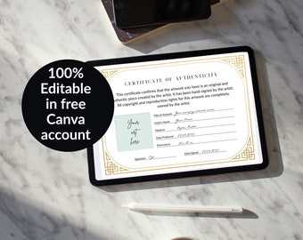 Certificate of authenticity template, Canva template,Editable Certificate, A4, US Letter size,8.5x11,Certificate template,Artist Certificate