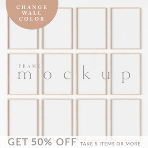 Peut inclure: Une maquette de huit impressions encadrées en bois sur un mur blanc. Les cadres sont disposés en deux rangées de quatre. Le texte "FRAME MOCKUP" est visible au centre de l'image. Le texte "CHANGE WALL COLOR" est visible dans le coin supérieur gauche de l'image. Le texte "GET 50% OFF TAKE 5 ITEMS OR MORE" est visible dans la partie inférieure de l'image.