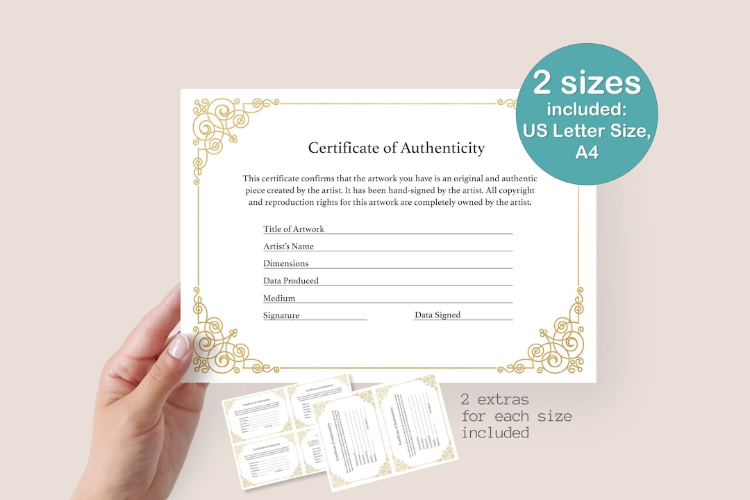 Certificate of Authenticity Template, A4, US Letter Size