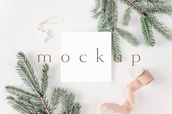 5x5 Christmas Card Mockup, Square Card, , Flatlay Mockup, Christmas card mockup, Greeting Card Mockups, Christmas mockup, Minimal, P05, R35