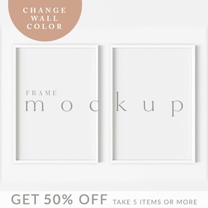 May include: Two white picture frames with a white background. The frames are empty and have a subtle shadow. The text "FRAME MOCKUP" is visible in the image.