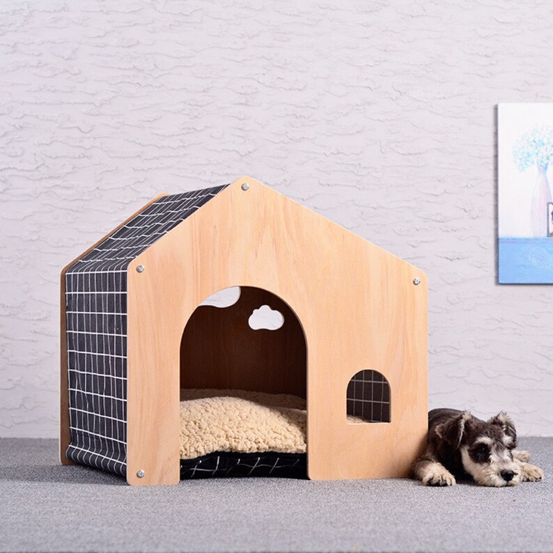 Dog Cat House Indoor Kennel, Wooden Pet House With Roof for Dogs Indoor
