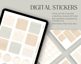 Puede incluir: Un conjunto de pegatinas digitales para Goodnotes que incluye 254 pegatinas en cuatro opciones de colores neutros. Las pegatinas incluyen varias formas, como círculos, cuadrados y rectángulos, con líneas y cuadrículas. Las pegatinas están precortadas y vienen en archivos PNG individuales.