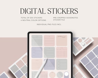 May include: A digital planner sticker set with 255 pre-cropped stickers in 4 neutral colors. The stickers include calendars, to-do lists, and other organizational elements. The stickers are designed for use with the Goodnotes app.