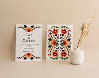 May include: Two wedding invitations featuring a floral design. The invitation on the left includes the names Faye & Callum, the wedding date and location. The invitation on the right has a colourful floral pattern.