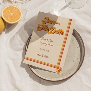 Retro Wedding Invitation Save The Date Template, Printable 70s Wedding Stationery, Summer Party Invite, Instant Download