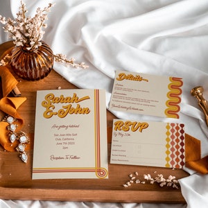 Retro Wedding Invitation Suite Template, Printable 70s Wedding Stationery, Invite Details & RSVP Set, Summer Wedding, Instant Download