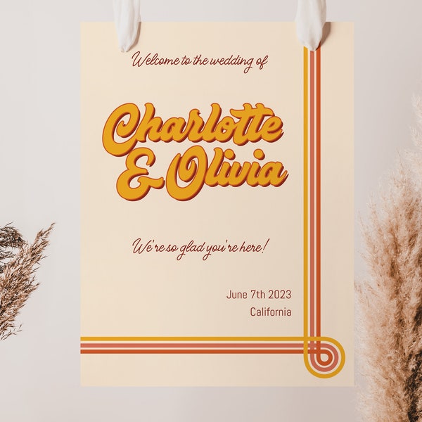 Retro Welcome Wedding Sign Template, 70s and Disco Printable Reception Decor, Summer Wedding Decoration, Instant Download