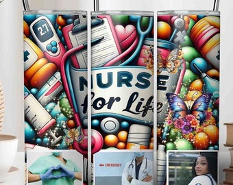 3D Puffy Nurse for Life Tumbler Wrap z motylami, 20 oz Skinny Sublimacja Projekt JPG, Spersonalizowany prezent dla współpracownika dla studenta pielęgniarstwa