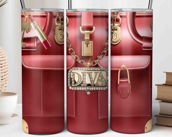 Diva Tumbler Wrap, 20oz Skinny Tumbler Sublimation JPG Handmade Leather Tumbler Design Red Purse Bag Tumbler Wrap with Red Lipstick Keychain