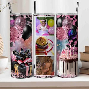 Birthday Tumbler Wrap, Birthday Cake, Pink Leopard Tumbler, Custom Sublimate Tumbler, 20 oz Skinny Sublimation JPG with Pink Glitter Design