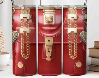 Classy Travel Bag Tumbler Wrap, 30oz Skinny Tumbler Sublimation JPG, Luggage Tumbler Wrap with Heart Keychain, Red Gold Purse Tumbler Design