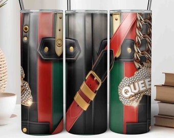 Queen Travel Bag Tumbler Wrap, 20oz Skinny Tumbler Template Sublimation JPG, Red Green Black Luggage Tumbler Design with Keychain