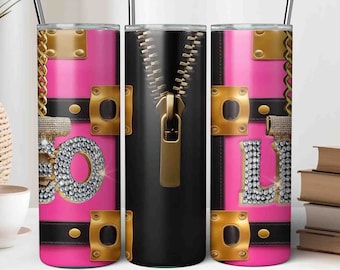 Hot Pink Travel Bag Tumbler Wrap, 20 oz Skinny Tumbler Template Sublimation JPG, Black Pink Purse Chain Tumbler with Zipper, Fashion Tumbler