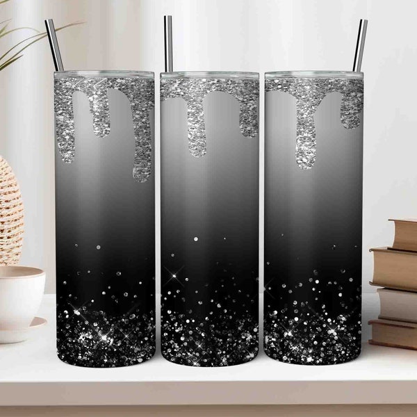 Ombre Black Gray Silver Glitter Tumbler Wrap, 20 oz Skinny Tumbler Template Sublimation JPG PNG Tumbler Wrap SVG Black Tumbler Download