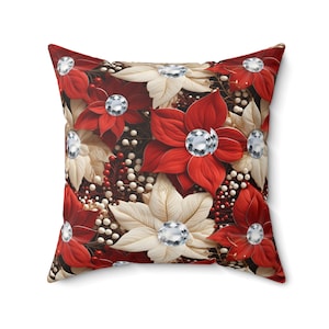 Poinsettia Pillow Case, Couch Throw Pillow Cover, Holly Berries, Glam Home Decor