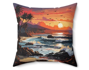 Tropical Sunrise Sunset Pillow Beach Throw Pillow, Ocean Front Gift Idea Nautical Landscape Mountain View Accent Piece, Retirement Pillow