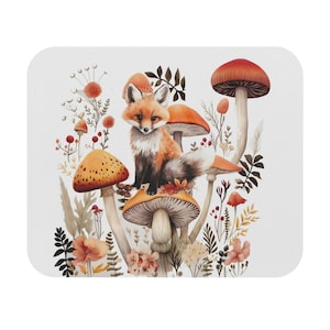 May include: A watercolor illustration of a fox sitting on a mushroom in a forest setting. The fox is orange and white with a bushy tail. The mushroom is brown with white spots. There are other mushrooms and flowers in the background.