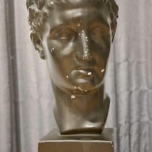 Op de afbeelding: Een zwart gipsen buste van een man met kort, krullend haar. De buste staat op een zwarte vierkante basis.