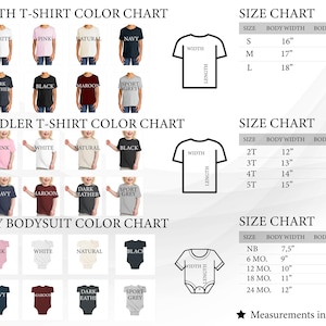 May include: A color chart for youth t-shirts, toddler t-shirts, and baby bodysuits, with various colors displayed. Size charts are included, showing body width and length in inches for each size, from newborn to large.