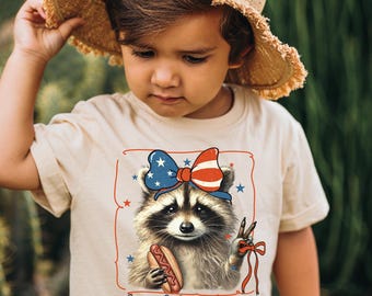 Feral But Free Raccoon Kids Shirt, Funny 4th of July Boys Tee, Patriotic Toddler Shirt, Independence Day Tee, Funny Raccoon Toddler Shirt