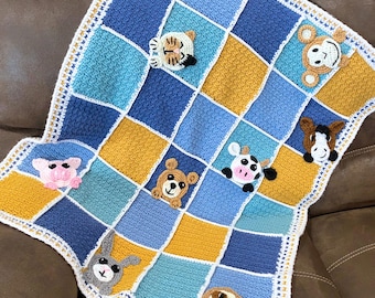 Crochet Baby Blanket Pattern - INSTANT PDF DOWNLOAD - crochet animals applique pattern - blanket motif - baby blanket with appliques pattern