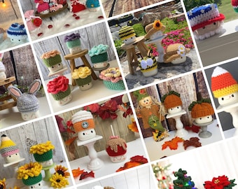 Holiday/seasonal marshmallow mug hat crochet PATTERNS, beginner friendly, video tutorial, digital download, tiered tray