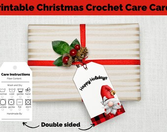Christmas Gnome Printable Crochet Care cards/tags that add a polished/professional look to your handmade items perfect for gifting/selling