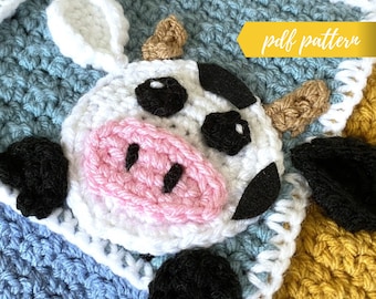 Crochet Pattern - INSTANT PDF DOWNLOAD - Find Me Crafting - Crochet Cow - Cow Applique - Crochet Cow Applique - Cuddle Buddies Baby Blanket