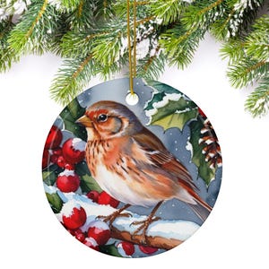 Christmas Sparrow Ornament – Personalized Ceramic Bird Decoration – Vintage Holiday Keepsake