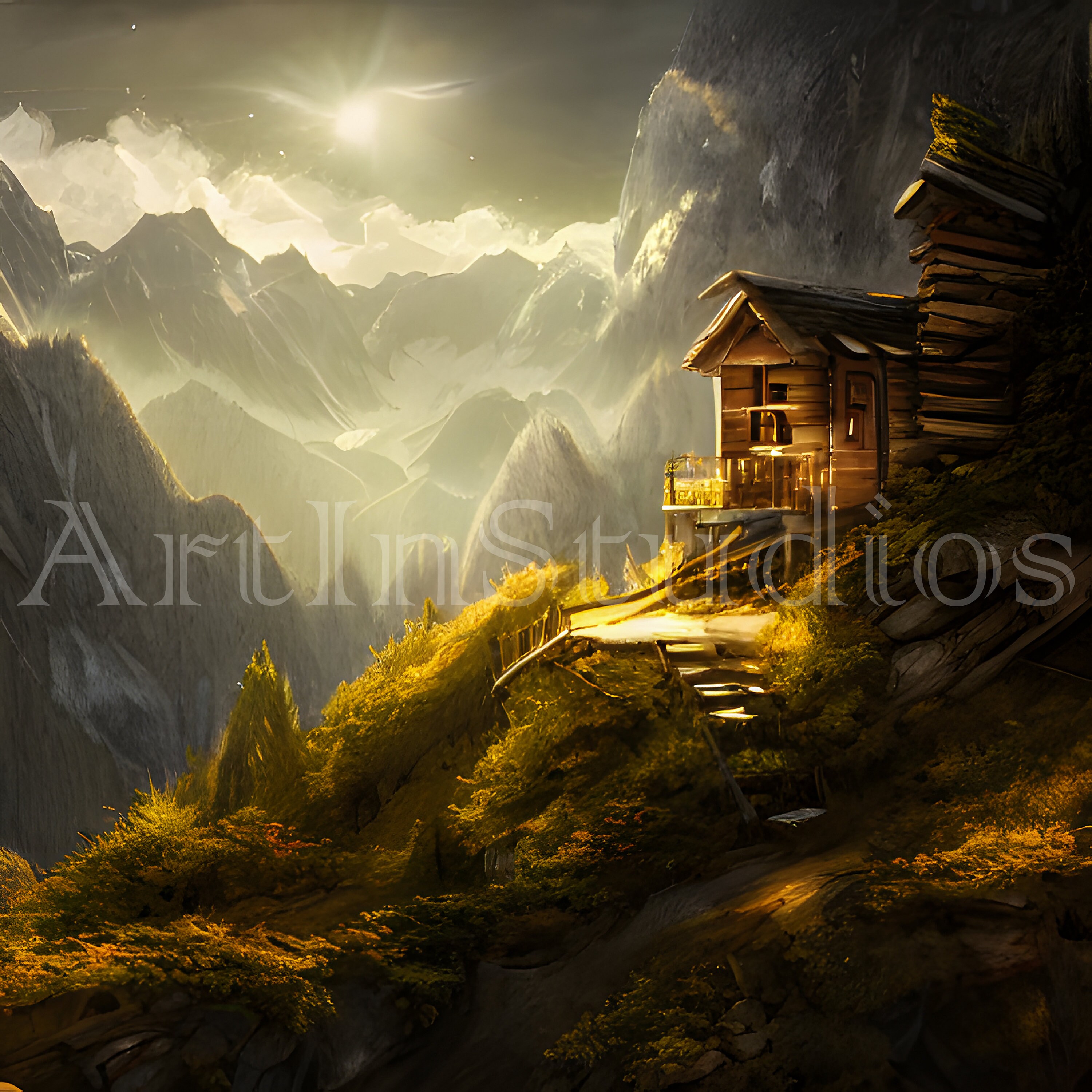 wooden cabin and mountain. Print design for t shirt generative ai