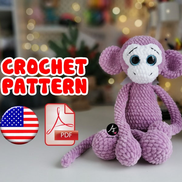 Crochet Pattern Monkey PDF English, Plush stuffed monkey pattern, Amigurumi baby toy, DIY tutorial, Plush yarn pattern, instant download