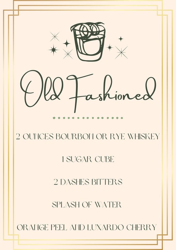 Old Fashioned Cocktail Recipe Digital Print Wall Art - Etsy