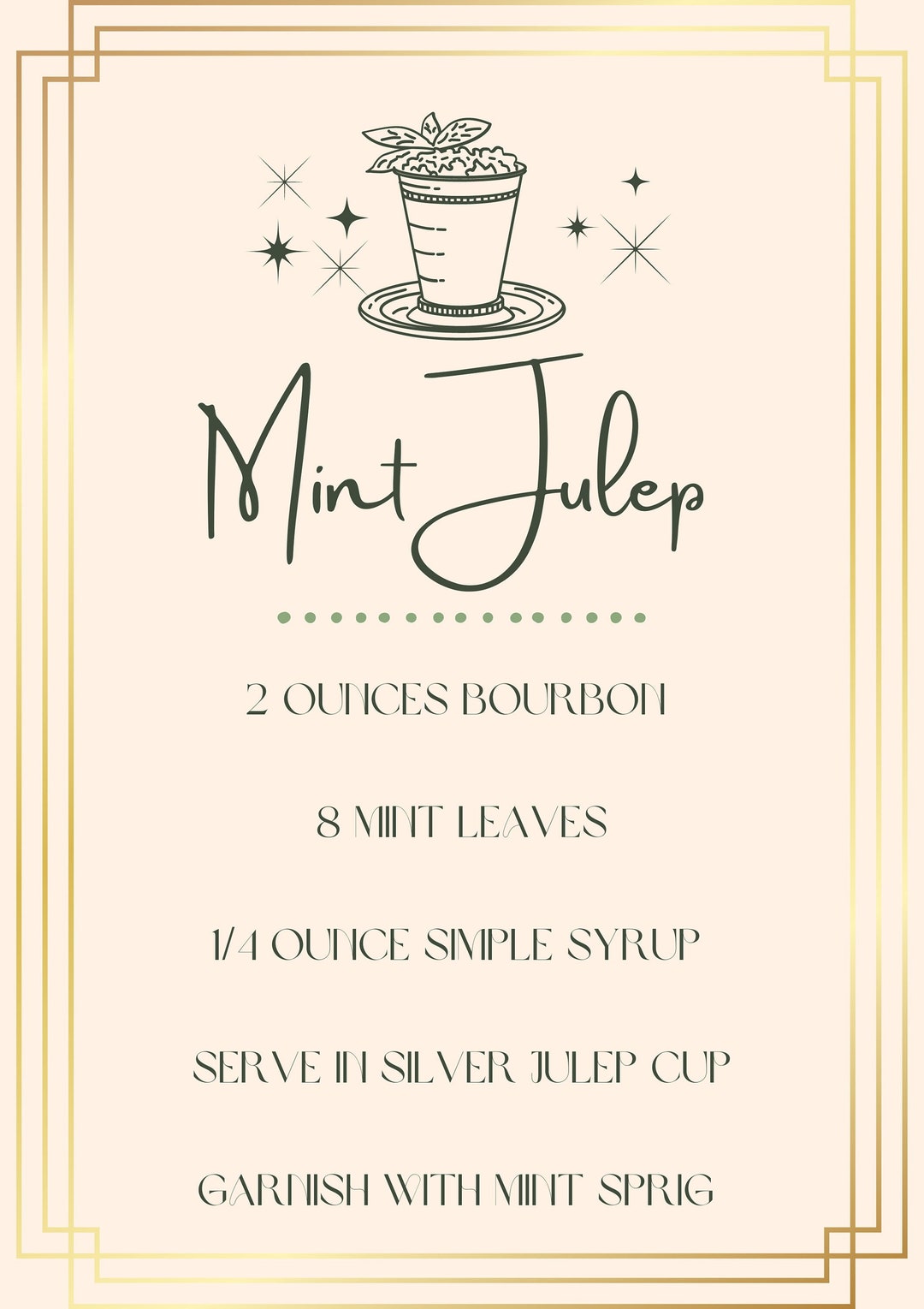 Mint Julep, Cocktail Recipe, Digital Print, Wall Art, Digital Download