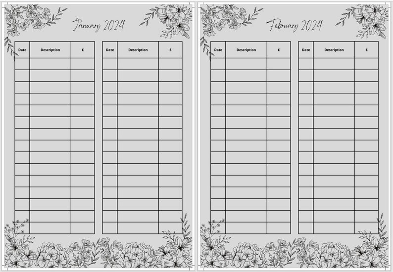 Printable Expense Tracker 2024 PDF Grey Lilly Flowers Etsy