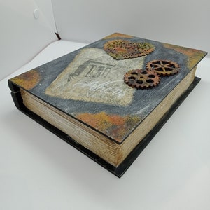 Boîte en bois, boîte en forme de livre, vintage, effet rouille, effet bois, cadeau unique, fait main, décoré à la main, serviettage