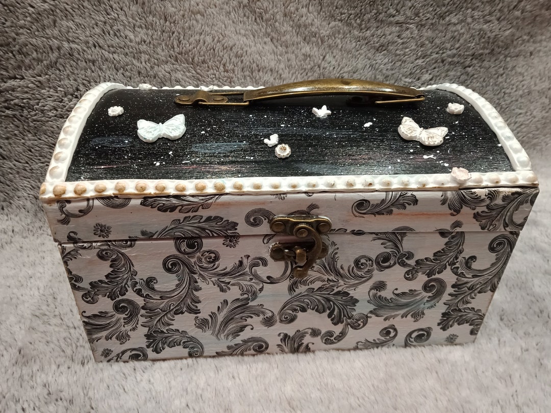 Cardboard Chest Box, Black and White Baroque Relief Hand Made, Hand