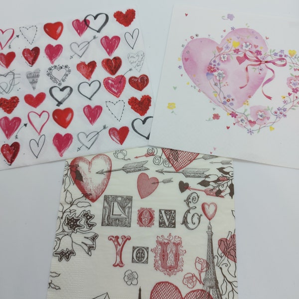 Set of 2 or 4 individual decoupage napkins. Love hearts choice of 3 designs craft napkin for decoupage scrapbook mixed media arts and crafts