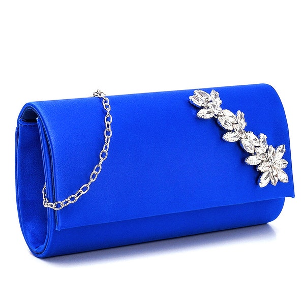 Shiny Satin Blue Evening Bag With Leaf Stone Accessory/ Bridal Luxury Wedding Event Evening Clutch / Leather clutch bag,Leather clutch