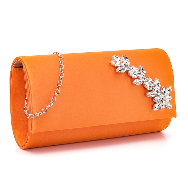 Shiny Satin Orange Evening Bag With Leaf Stone Accessory/ Bridal Luxury Wedding Event Evening Clutch / Express Shipping