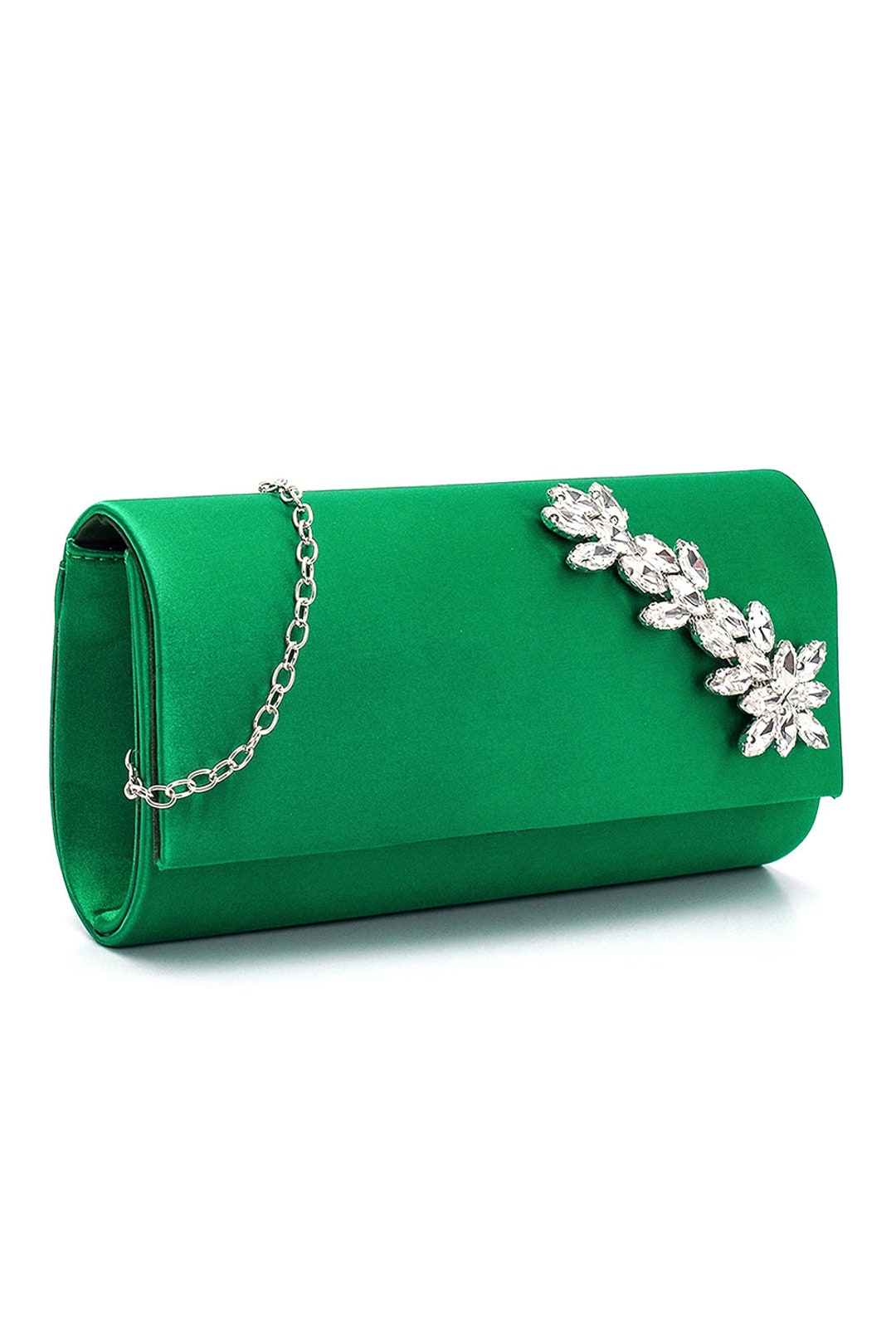 Shiny Satin Green Evening Bag With Leaf Stone Accessory/ Etsy