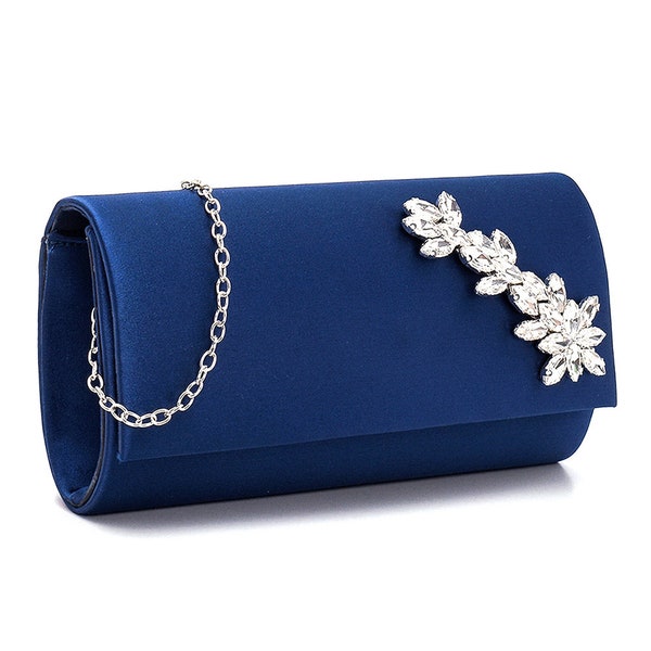 Leaf Stone Accessory, Navy Blue Shiny Satin Evening Bag / Bridal Luxury Wedding Event Evening Clutch / Express Shipping