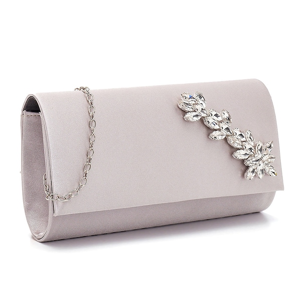 Shiny Satin Silver Evening Bag With Leaf Stone Accessory/ Bridal Luxury Wedding Event Evening Clutch / Leather clutch bag,Leather clutch